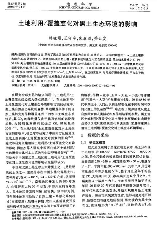 土地利用/覆盖变化对黑土生态环境的影响
